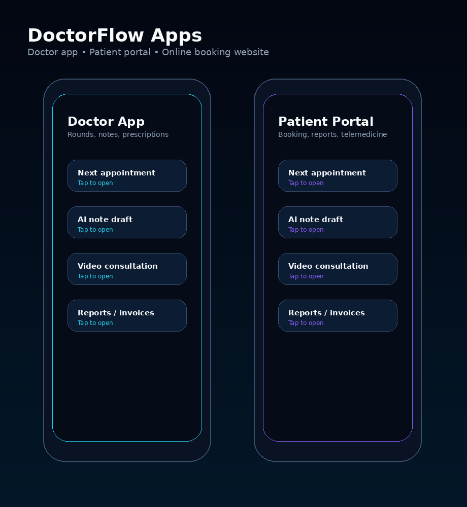 DoctorFlow doctor app and patient portal prototype wireframe